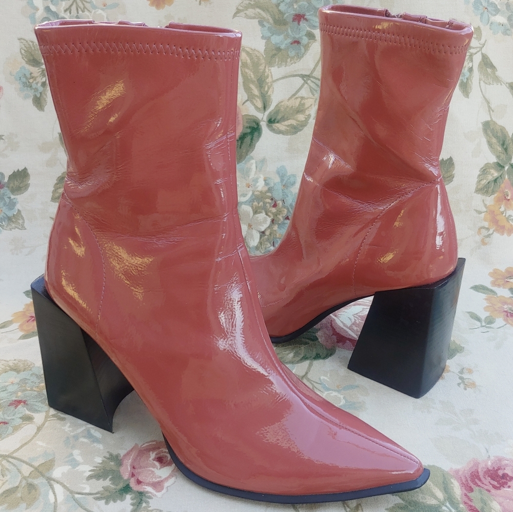 Jeffrey Campbell LA Siren Pink Patent Leather Ankle Boots Dark Rose Women's 10
